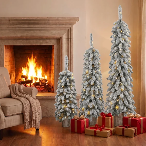 Set Van 3 Besneeuwde Kunstmatige Kerstbomen, Vooraf Verlicht Met PVC takpunten En Warm Witte LED lampjes