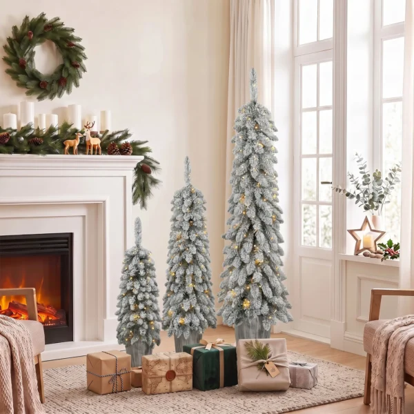 Set Van 3 Besneeuwde Kunstmatige Kerstbomen, Vooraf Verlicht Met PVC takpunten En Warm Witte LED lampjes
