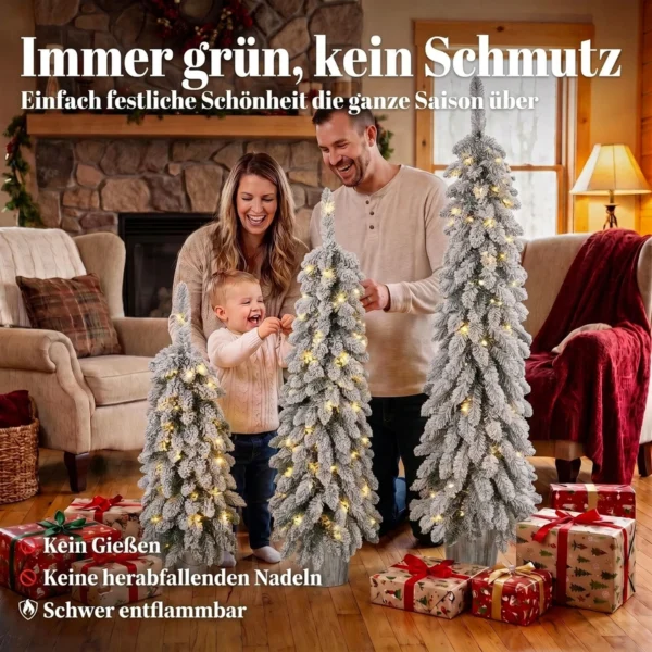 Set Van 3 Besneeuwde Kunstmatige Kerstbomen, Vooraf Verlicht Met PVC takpunten En Warm Witte LED lampjes
