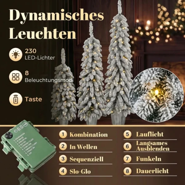 Set Van 3 Besneeuwde Kunstmatige Kerstbomen, Vooraf Verlicht Met PVC takpunten En Warm Witte LED lampjes