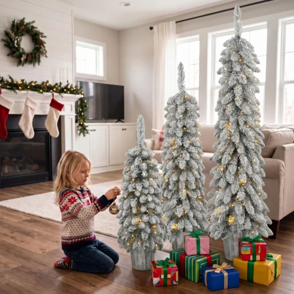 Set Van 3 Besneeuwde Kunstmatige Kerstbomen, Vooraf Verlicht Met PVC takpunten En Warm Witte LED lampjes