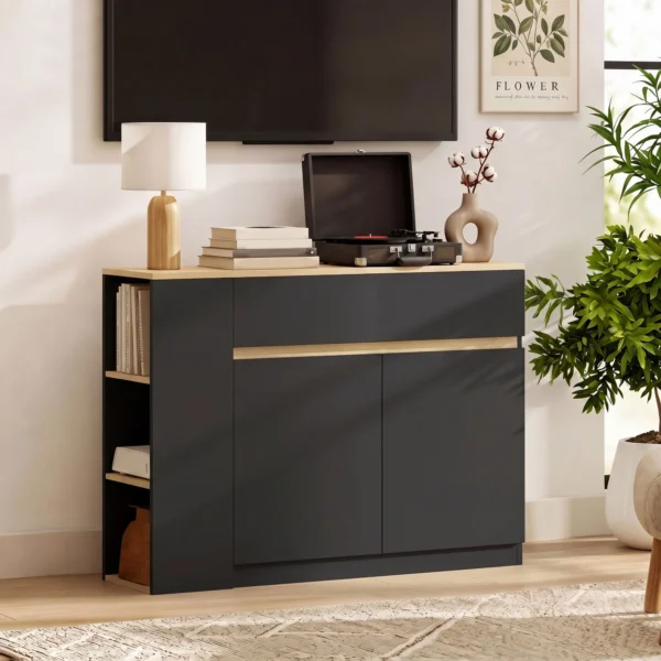 Sideboard, Buffet, Groot Kastvak, 3 laags Rek, Lade, Zwart, 110 X 29,5 X 82cm