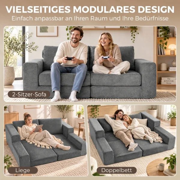 Slaapbank 4 in 1 Slaapfunctie Uitschuifbaar Klapbank Kussens 2 Zitter Grijs