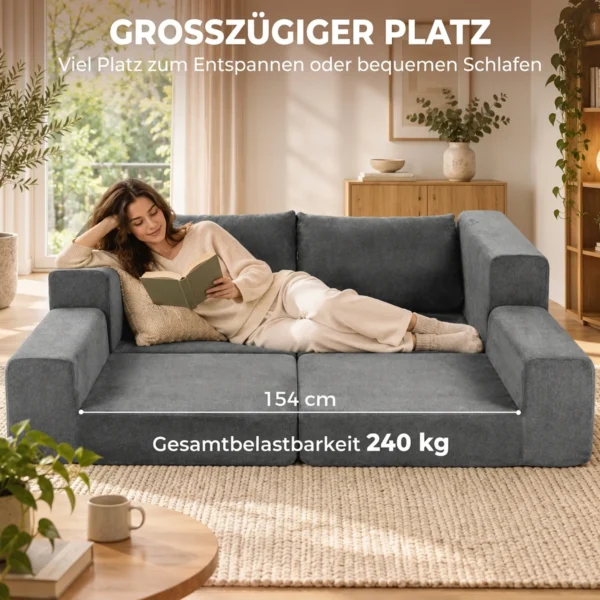 Slaapbank 4 in 1 Slaapfunctie Uitschuifbaar Klapbank Kussens 2 Zitter Grijs