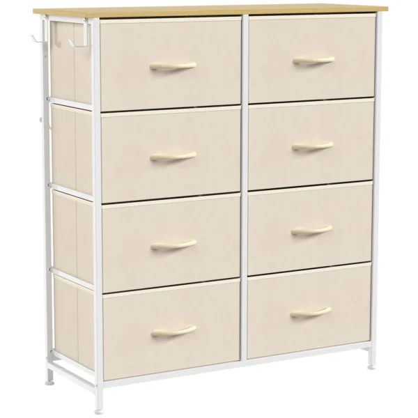 Slaapkamerkast Met 8 Stoffen Lades, Stalen Stutten, Houten Oppervlak, 4 Opbergtassen, 2 Haken, Beige