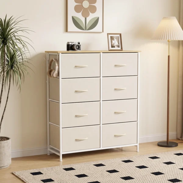 Slaapkamerkast Met 8 Stoffen Lades, Stalen Stutten, Houten Oppervlak, 4 Opbergtassen, 2 Haken, Beige