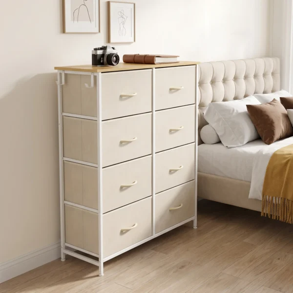 Slaapkamerkast Met 8 Stoffen Lades, Stalen Stutten, Houten Oppervlak, 4 Opbergtassen, 2 Haken, Beige