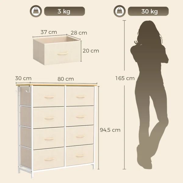 Slaapkamerkast Met 8 Stoffen Lades, Stalen Stutten, Houten Oppervlak, 4 Opbergtassen, 2 Haken, Beige