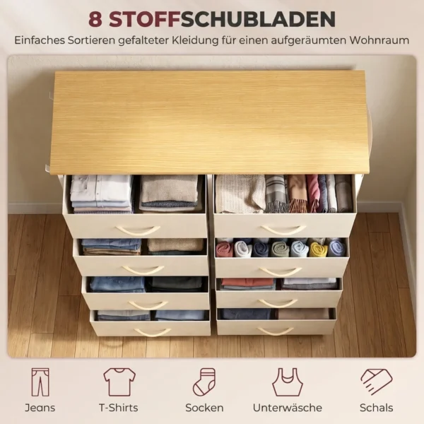 Slaapkamerkast Met 8 Stoffen Lades, Stalen Stutten, Houten Oppervlak, 4 Opbergtassen, 2 Haken, Beige