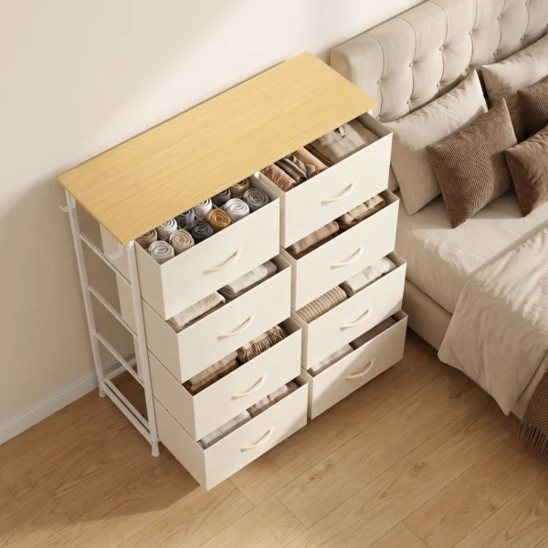 Slaapkamerkast Met 8 Stoffen Lades, Stalen Stutten, Houten Oppervlak, 4 Opbergtassen, 2 Haken, Beige