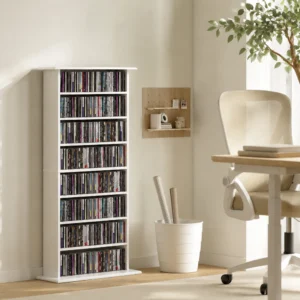 Smalle Mediakast, 8 Niveaus, 6 Verstelbare Planken, 8 Vakken, Voor 360 CDs, Wit