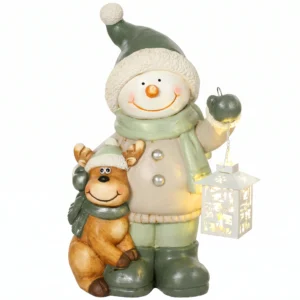 Sneeuwman Figuur 43 Cm Gemaakt Van MGO Met LED lantaarn En Timer, Voor Entree & Deuropening