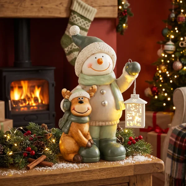 Sneeuwman Figuur 43 Cm Gemaakt Van MGO Met LED lantaarn En Timer, Voor Entree & Deuropening