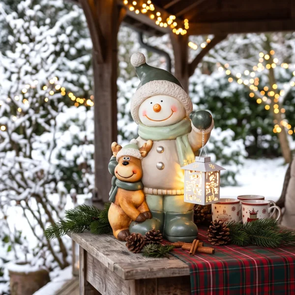 Sneeuwman Figuur 43 Cm Gemaakt Van MGO Met LED lantaarn En Timer, Voor Entree & Deuropening