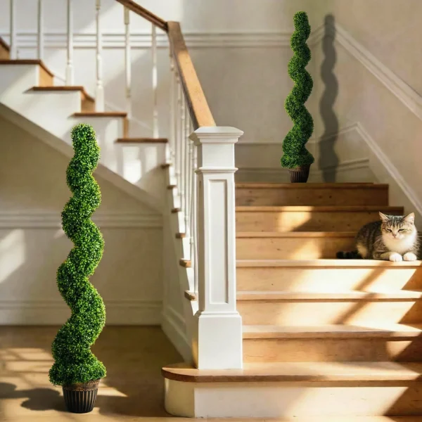 Spiraalvormige Buxus, Set Van 2 Kunstplanten, Met Pot, 150 Cm Hoogte, Groen