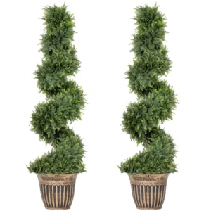 Spiraalvormige Cipres, Set Van 2 Kunstplanten, Met Pot, 120 Cm Hoogte, Groen