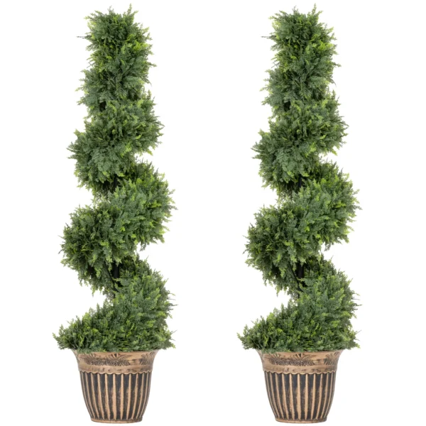 Spiraalvormige Cipres, Set Van 2 Kunstplanten, Met Pot, 120 Cm Hoogte, Groen