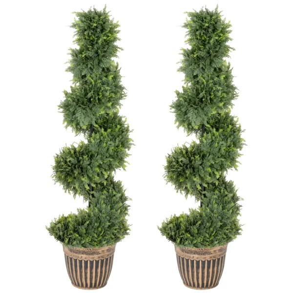 Spiraalvormige Cipres, Set Van 2 Kunstplanten, Met Pot, 120 Cm Hoogte, Groen