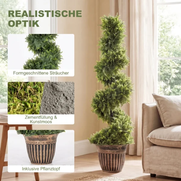 Spiraalvormige Cipres, Set Van 2 Kunstplanten, Met Pot, 120 Cm Hoogte, Groen