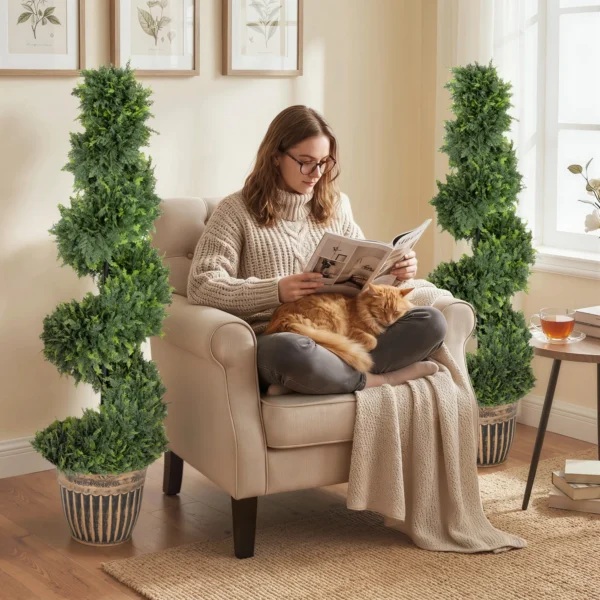 Spiraalvormige Cipres, Set Van 2 Kunstplanten, Met Pot, 120 Cm Hoogte, Groen