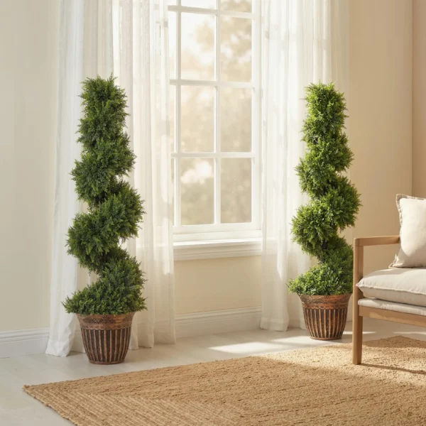 Spiraalvormige Cipres, Set Van 2 Kunstplanten, Met Pot, 120 Cm Hoogte, Groen