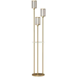 Staande Lamp Met Plank En 3 vlammen Glazen Kappen, Staande Lamp Met Glazen Tafel 177 Cm Goud