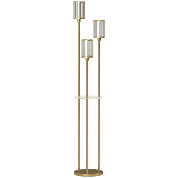 Staande Lamp Met Plank En 3 vlammen Glazen Kappen, Staande Lamp Met Glazen Tafel 177 Cm Goud