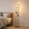 Staande Lamp Met Plank En 3 vlammen Glazen Kappen, Staande Lamp Met Glazen Tafel 177 Cm Goud