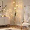 Staande Lamp Met Plank En 3 vlammen Glazen Kappen, Staande Lamp Met Glazen Tafel 177 Cm Goud
