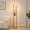 Staande Lamp Met Plank En 3 vlammen Glazen Kappen, Staande Lamp Met Glazen Tafel 177 Cm Goud