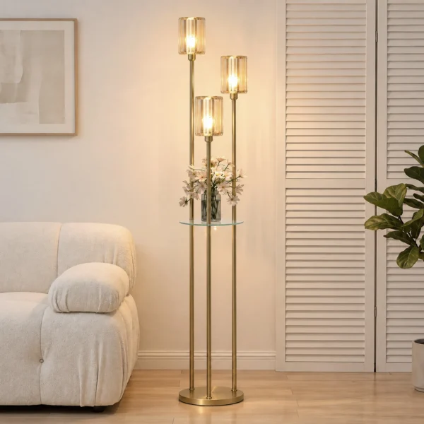Staande Lamp Met Plank En 3 vlammen Glazen Kappen, Staande Lamp Met Glazen Tafel 177 Cm Goud