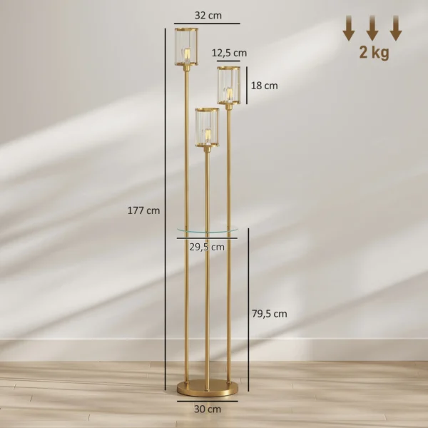 Staande Lamp Met Plank En 3 vlammen Glazen Kappen, Staande Lamp Met Glazen Tafel 177 Cm Goud