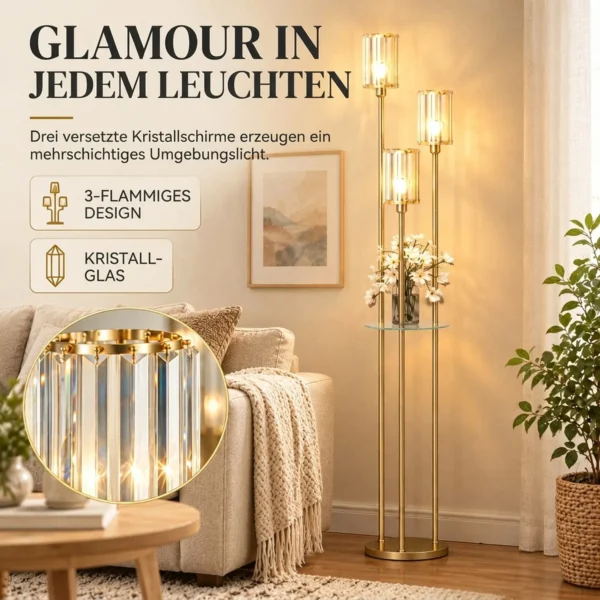 Staande Lamp Met Plank En 3 vlammen Glazen Kappen, Staande Lamp Met Glazen Tafel 177 Cm Goud