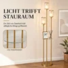 Staande Lamp Met Plank En 3 vlammen Glazen Kappen, Staande Lamp Met Glazen Tafel 177 Cm Goud