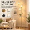 Staande Lamp Met Plank En 3 vlammen Glazen Kappen, Staande Lamp Met Glazen Tafel 177 Cm Goud