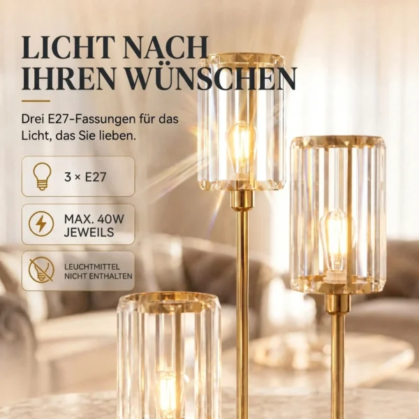 Staande Lamp Met Plank En 3 vlammen Glazen Kappen, Staande Lamp Met Glazen Tafel 177 Cm Goud