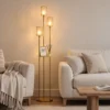 Staande Lamp Met Plank En 3 vlammen Glazen Kappen, Staande Lamp Met Glazen Tafel 177 Cm Goud