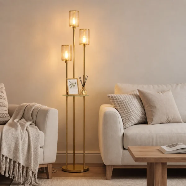 Staande Lamp Met Plank En 3 vlammen Glazen Kappen, Staande Lamp Met Glazen Tafel 177 Cm Goud