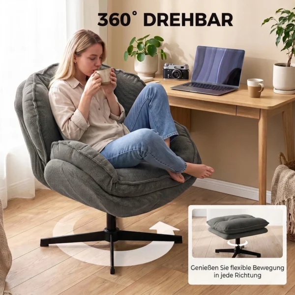 Stoel Met Verstelbare Voetenbank, 360° Draaibaar, Chenille bekleding, Dikke Vulling, Grijs