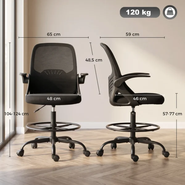 Tekentafelstoel Met Verstelbare Lendensteun, Draaifunctie, Netbekleding, Inklapbare Armleuningen, Hoogteverstelling En Voetenring, Zwart