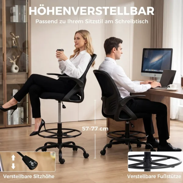 Tekentafelstoel Met Verstelbare Lendensteun, Draaifunctie, Netbekleding, Inklapbare Armleuningen, Hoogteverstelling En Voetenring, Zwart