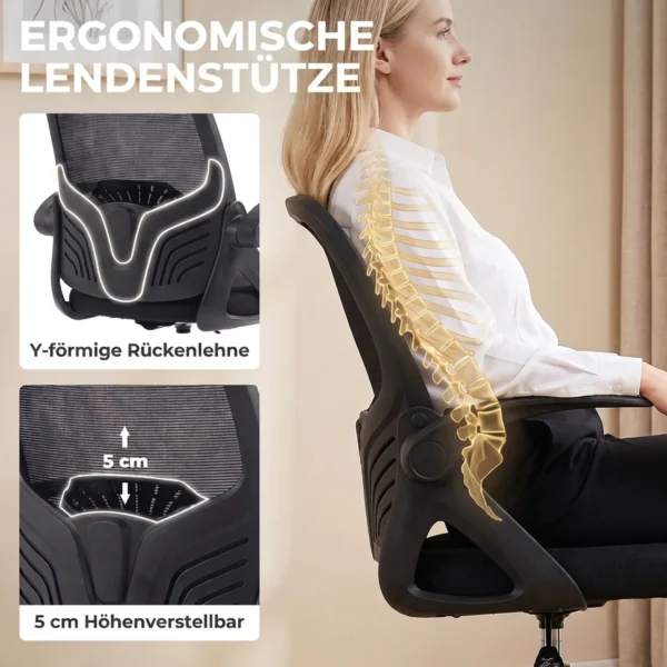 Tekentafelstoel Met Verstelbare Lendensteun, Draaifunctie, Netbekleding, Inklapbare Armleuningen, Hoogteverstelling En Voetenring, Zwart
