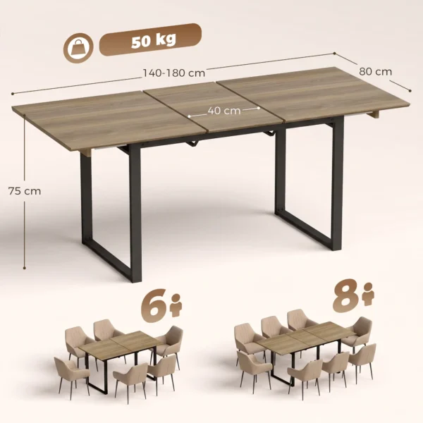 Uitschuifbare Eettafel 140 180 Cm Voor 6 8 Personen, Rechthoekig In Industrieel Ontwerp Met Stalen Frame, Bruin