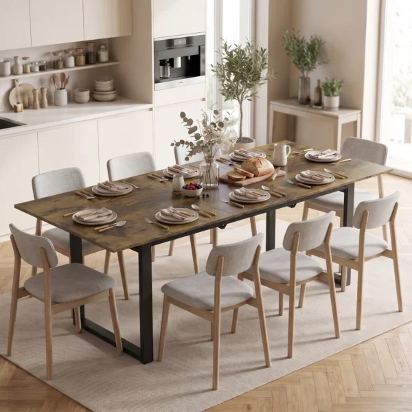 Uitschuifbare Eettafel 140 180 Cm Voor 6 8 Personen, Rechthoekig In Industrieel Ontwerp Met Stalen Frame, Tijgerhoutlook