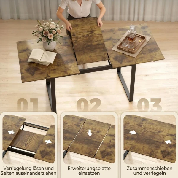 Uitschuifbare Eettafel 140 180 Cm Voor 6 8 Personen, Rechthoekig In Industrieel Ontwerp Met Stalen Frame, Tijgerhoutlook