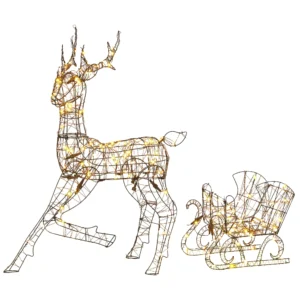 Verlicht Rendier En Slee set, 2 delige Kerstdecoratie Van Polyrattan Voor Buiten, Met LEDs, 8 Modi, Timer