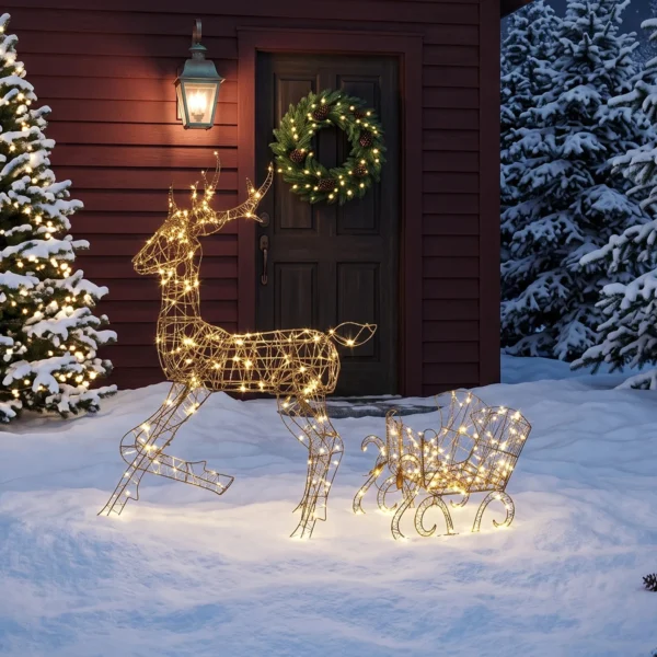 Verlicht Rendier En Slee set, 2 delige Kerstdecoratie Van Polyrattan Voor Buiten, Met LEDs, 8 Modi, Timer