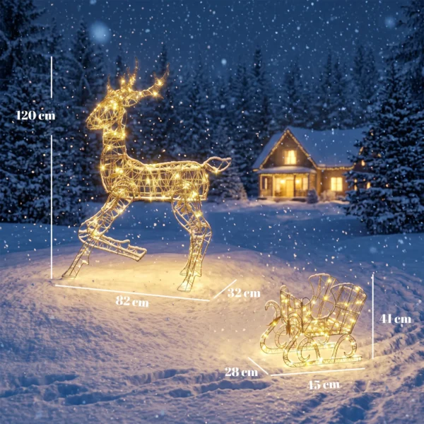 Verlicht Rendier En Slee set, 2 delige Kerstdecoratie Van Polyrattan Voor Buiten, Met LEDs, 8 Modi, Timer