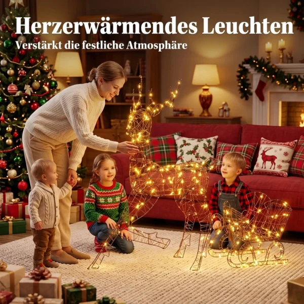 Verlicht Rendier En Slee set, 2 delige Kerstdecoratie Van Polyrattan Voor Buiten, Met LEDs, 8 Modi, Timer