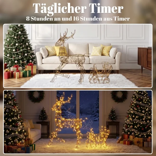 Verlicht Rendier En Slee set, 2 delige Kerstdecoratie Van Polyrattan Voor Buiten, Met LEDs, 8 Modi, Timer